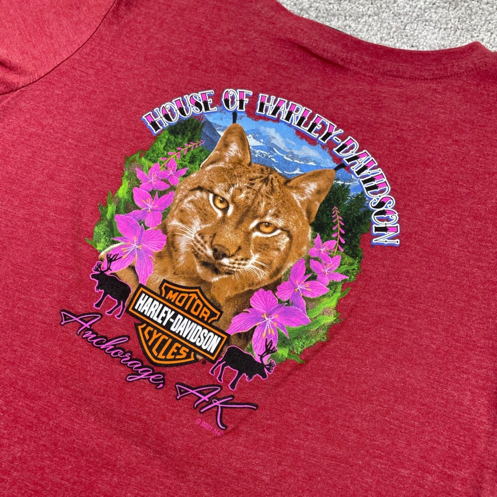 Harley Davidson T Shirt Womens Small Lynx Anchorage Alaska Motorcycle Red